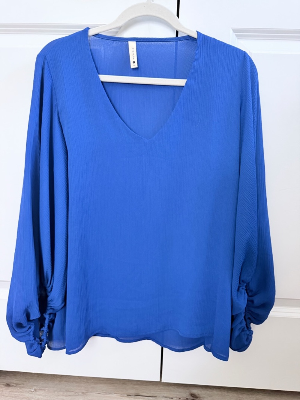Bubble Sleeve Royal Blue V-Neck Long Sleeve Blouse